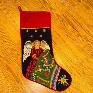 VINTAGE Beautiful Red Needlepoint Christmas Holiday Seasonal Stocking Angel